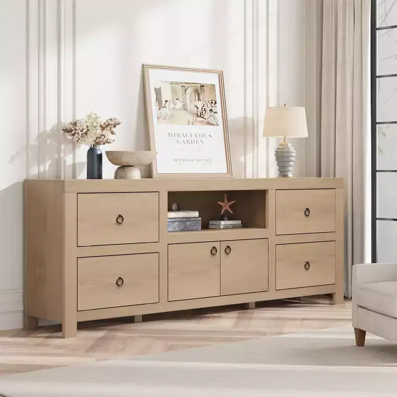 TV-Schrank im Landhausstil für 80-Zoll-Fernseher, langes Entertainment-Center mit 6 Schubladen