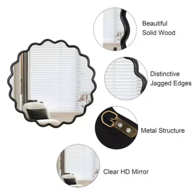 Espejo ondulado de madera maciza de 42 x 42, negro, decoración de pared con espejo de tocador para baño, dormitorio, sala de estar y comedor