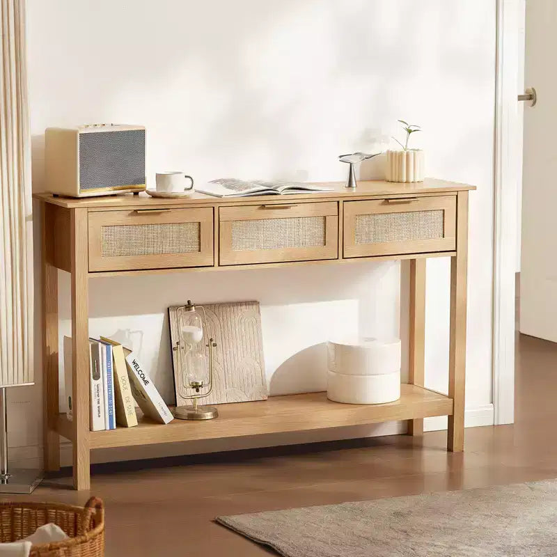 Console en rotin avec 3 tiroirs de rangement, table d’entrée en rotin avec porte coulissante en rotin naturel, table console pour canapé, finition naturelle