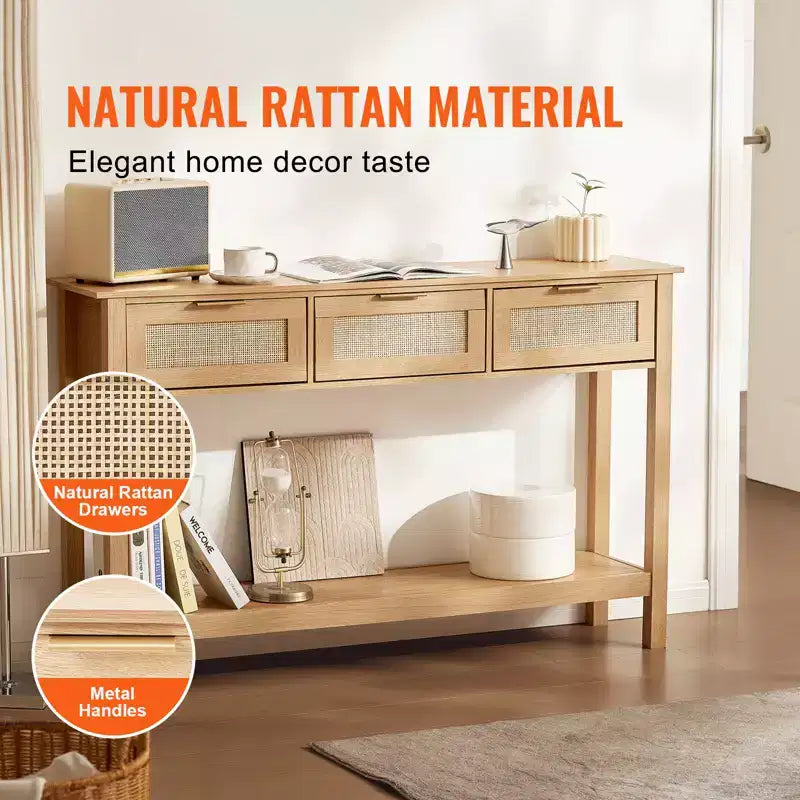 Console en rotin avec 3 tiroirs de rangement, table d’entrée en rotin avec porte coulissante en rotin naturel, table console pour canapé, finition naturelle