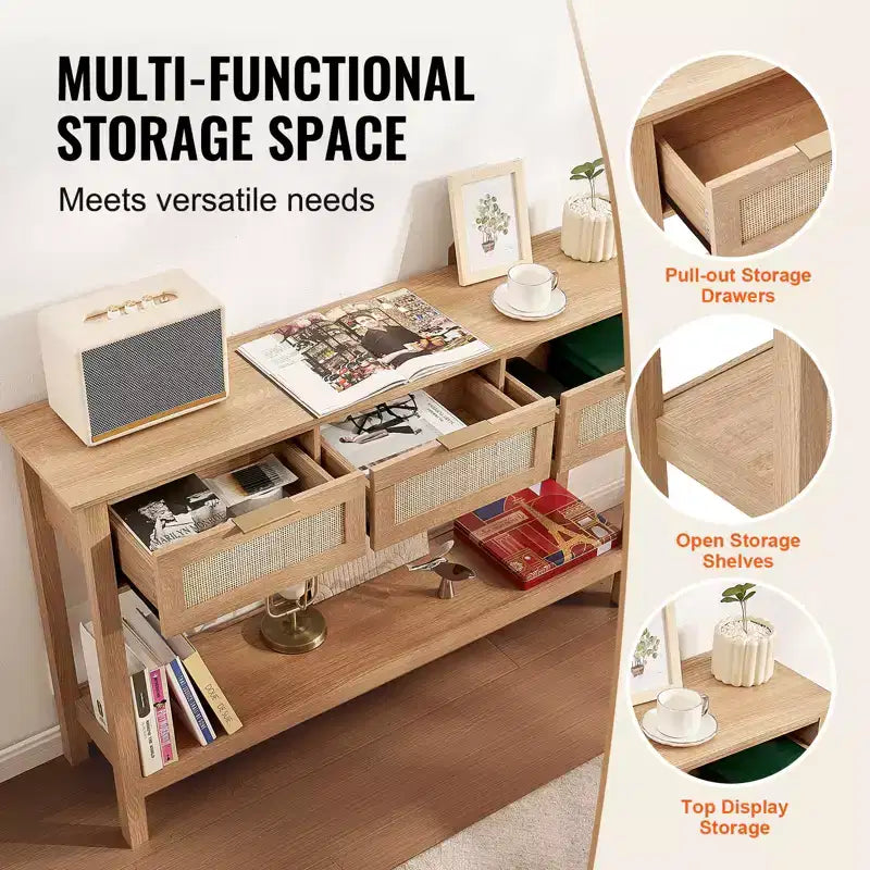 Console en rotin avec 3 tiroirs de rangement, table d’entrée en rotin avec porte coulissante en rotin naturel, table console pour canapé, finition naturelle