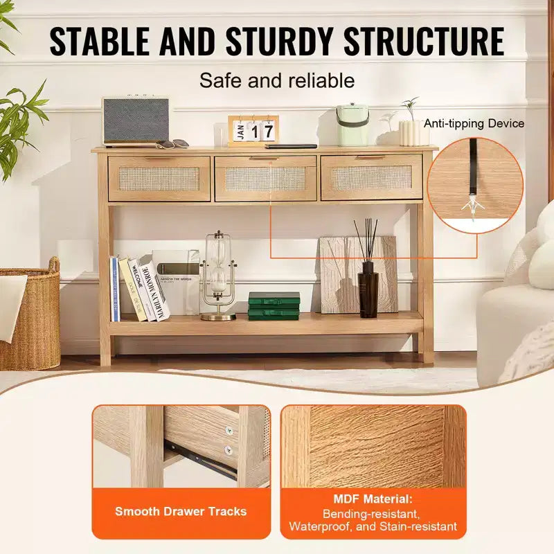 Console en rotin avec 3 tiroirs de rangement, table d’entrée en rotin avec porte coulissante en rotin naturel, table console pour canapé, finition naturelle