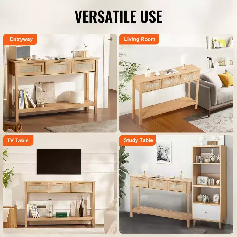 Console en rotin avec 3 tiroirs de rangement, table d’entrée en rotin avec porte coulissante en rotin naturel, table console pour canapé, finition naturelle