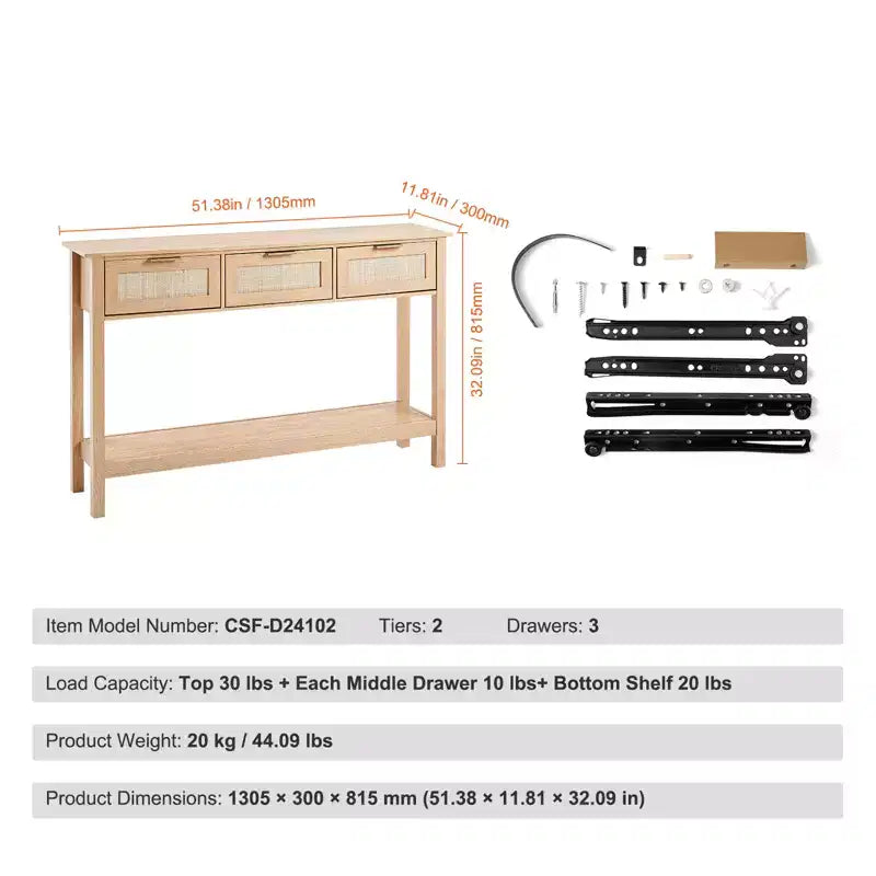 Console en rotin avec 3 tiroirs de rangement, table d’entrée en rotin avec porte coulissante en rotin naturel, table console pour canapé, finition naturelle