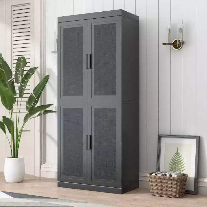 Buffet noir effet bois de 72x31x16, meuble de rangement avec étagères réglables et portes en rotin pour la cuisine, la chambre, l’entrée ou le salon