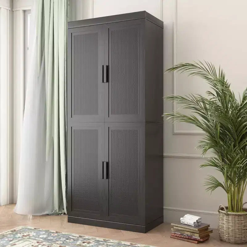 Buffet noir effet bois de 72x31x16, meuble de rangement avec étagères réglables et portes en rotin pour la cuisine, la chambre, l’entrée ou le salon