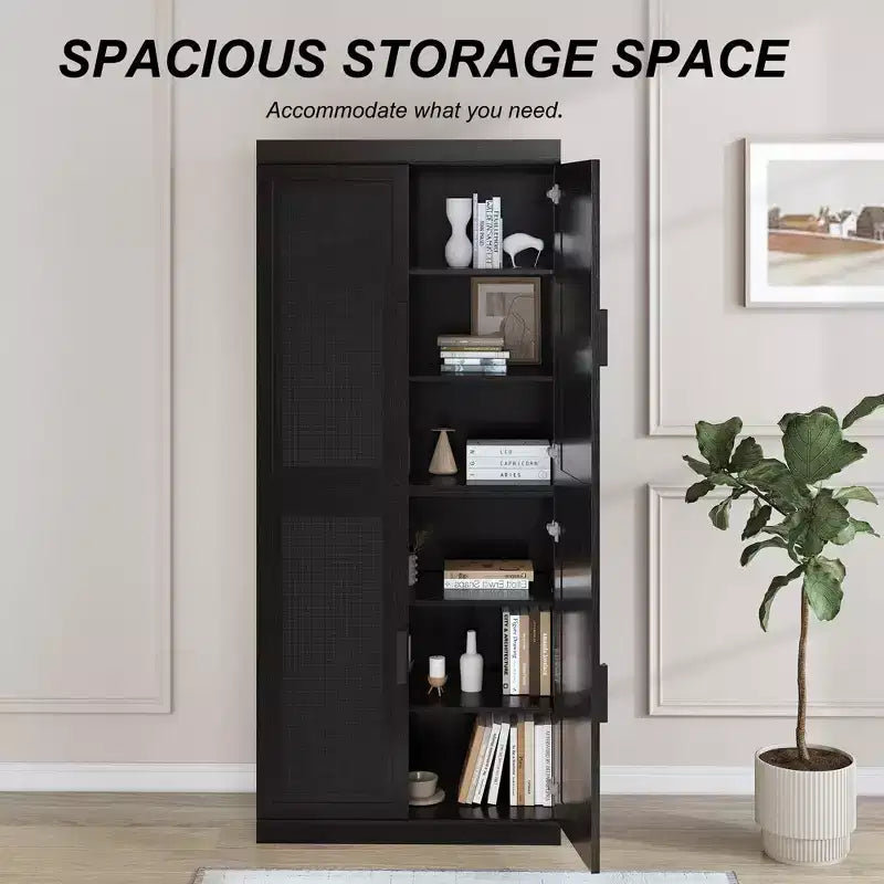 Buffet noir effet bois de 72x31x16, meuble de rangement avec étagères réglables et portes en rotin pour la cuisine, la chambre, l’entrée ou le salon