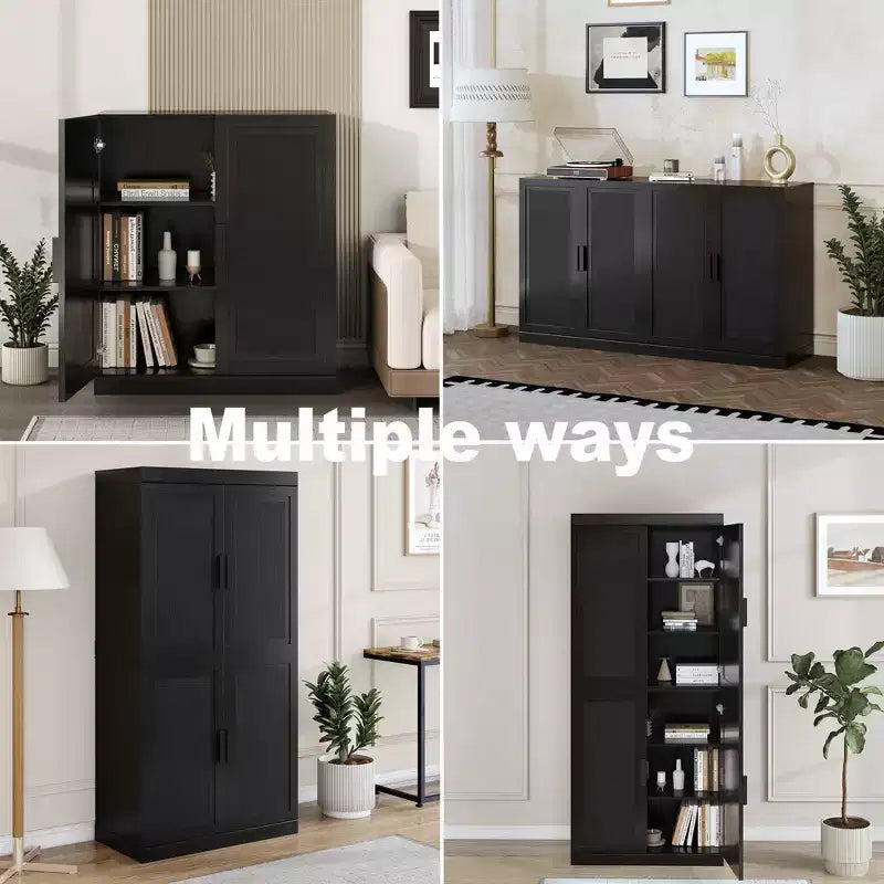 Buffet noir effet bois de 72x31x16, meuble de rangement avec étagères réglables et portes en rotin pour la cuisine, la chambre, l’entrée ou le salon