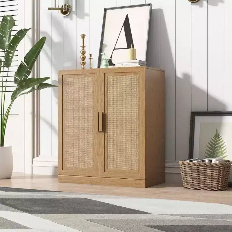 Buffetschrank in Holzoptik, 36x31x16, Aufbewahrungsschrank mit verstellbaren Einlegeböden und Rattantüren für Küche, Schlafzimmer, Wohnzimmer/Esszimmer