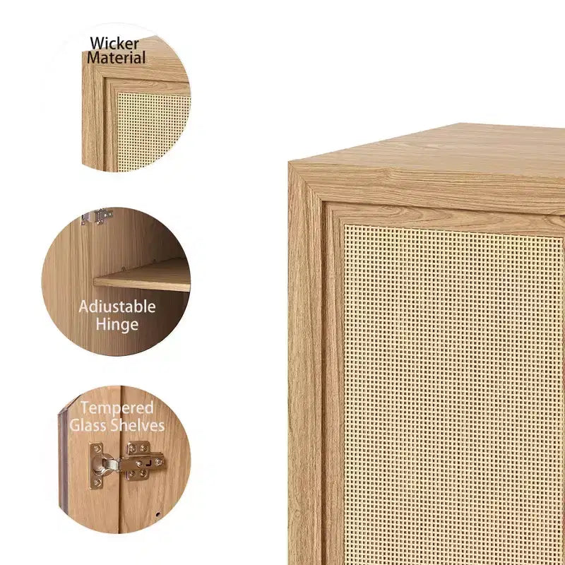 Buffetschrank in Holzoptik, 36x31x16, Aufbewahrungsschrank mit verstellbaren Einlegeböden und Rattantüren für Küche, Schlafzimmer, Wohnzimmer/Esszimmer