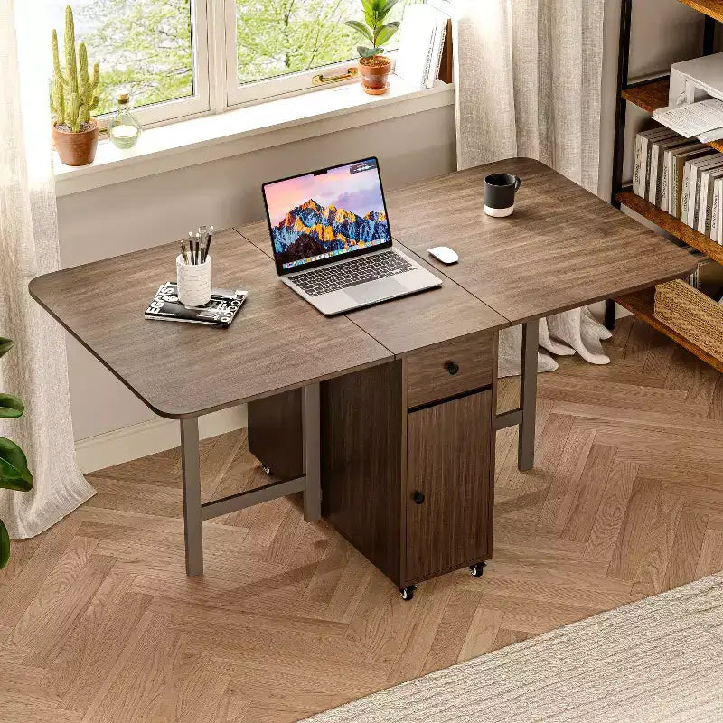 59'' Klappbarer Esstisch mit Klappplatten für kleine Räume, rechteckiger ausziehbarer Küchentisch aus Holz mit Rollen und Stauraum