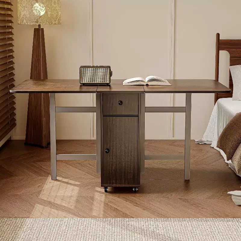 59'' Klappbarer Esstisch mit Klappplatten für kleine Räume, rechteckiger ausziehbarer Küchentisch aus Holz mit Rollen und Stauraum