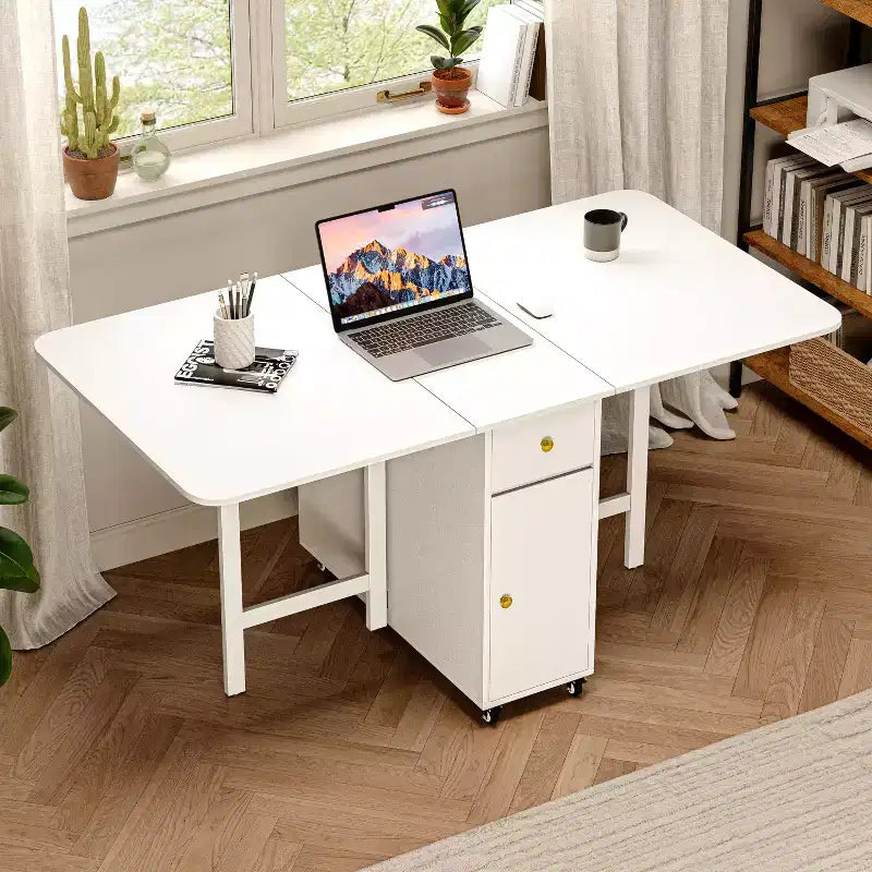 59'' Klappbarer Esstisch mit Klappplatten für kleine Räume, rechteckiger ausziehbarer Küchentisch aus Holz mit Rollen und Stauraum