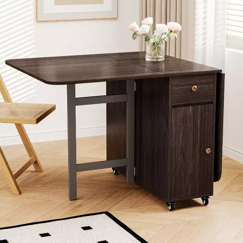 59'' Klappbarer Esstisch mit Klappplatten für kleine Räume, rechteckiger ausziehbarer Küchentisch aus Holz mit Rollen und Stauraum
