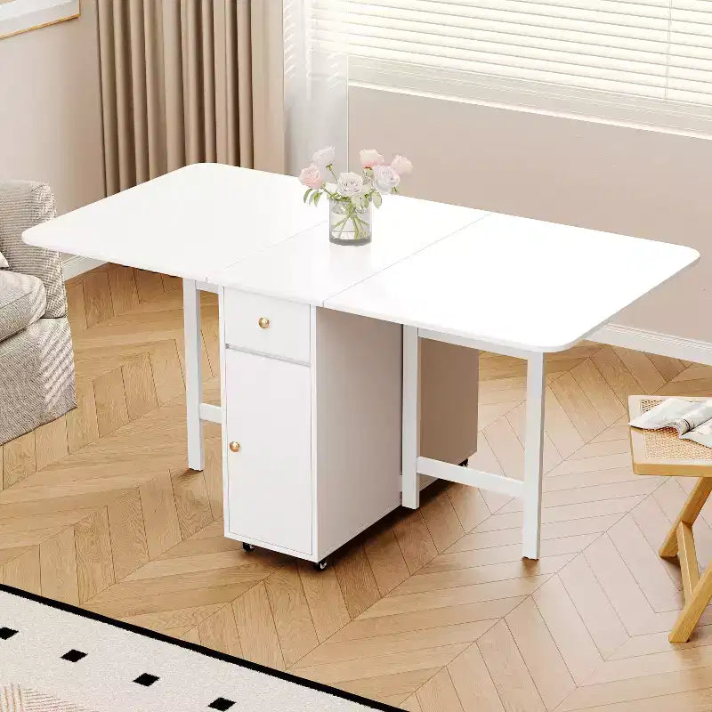 59'' Klappbarer Esstisch mit Klappplatten für kleine Räume, rechteckiger ausziehbarer Küchentisch aus Holz mit Rollen und Stauraum