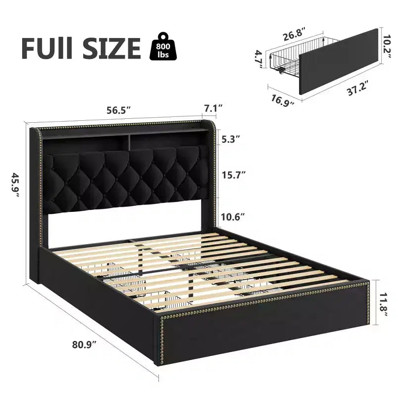 Gepolstertes Bettgestell mit 4 Schubladen, schwarzes Samtbett mit getuftetem Kopfteil und Nagelkopfdesign, kein Boxspring erforderlich