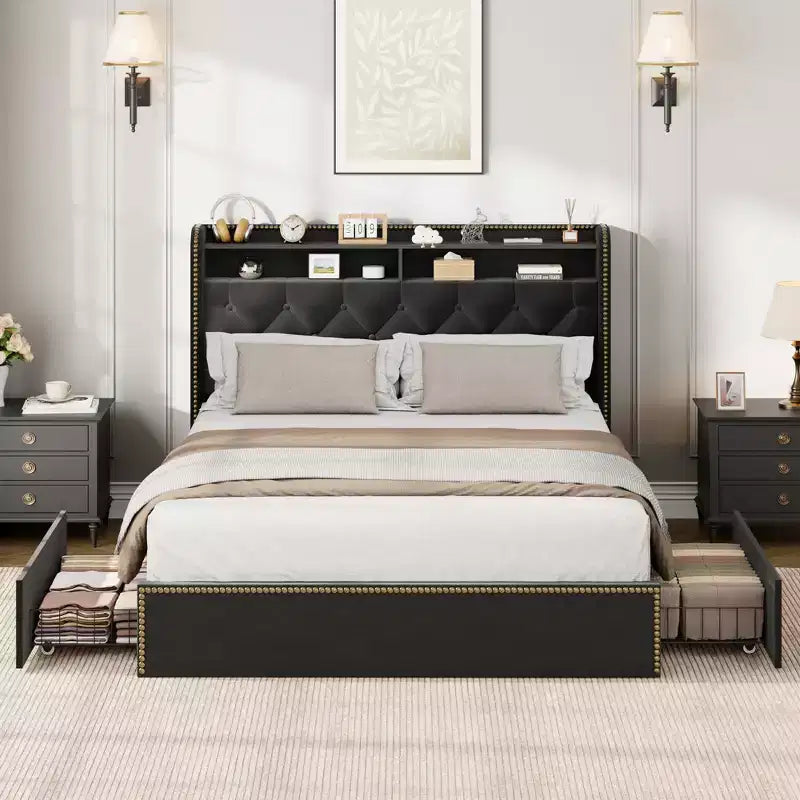 Gepolstertes Bettgestell mit 4 Schubladen, schwarzes Samtbett mit getuftetem Kopfteil und Nagelkopfdesign, kein Boxspring erforderlich