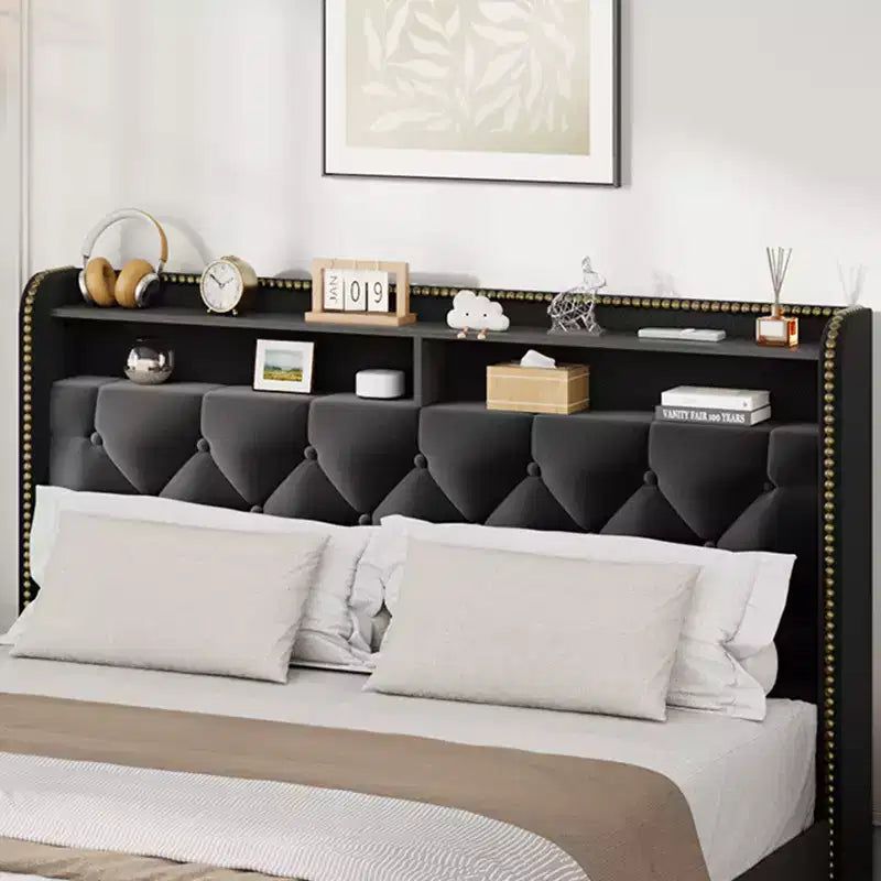 Gepolstertes Bettgestell mit 4 Schubladen, schwarzes Samtbett mit getuftetem Kopfteil und Nagelkopfdesign, kein Boxspring erforderlich
