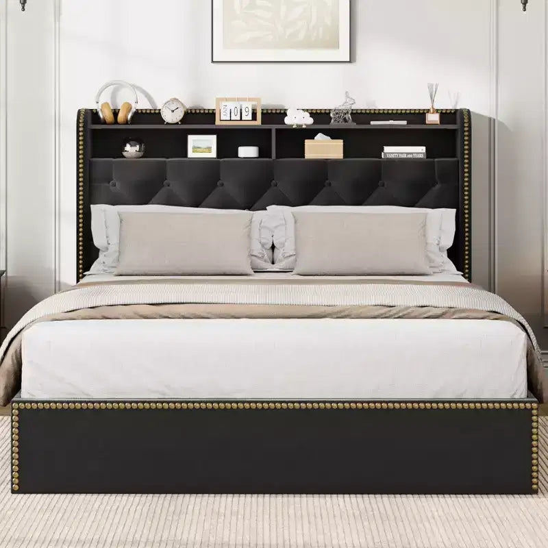 Gepolstertes Bettgestell mit 4 Schubladen, schwarzes Samtbett mit getuftetem Kopfteil und Nagelkopfdesign, kein Boxspring erforderlich