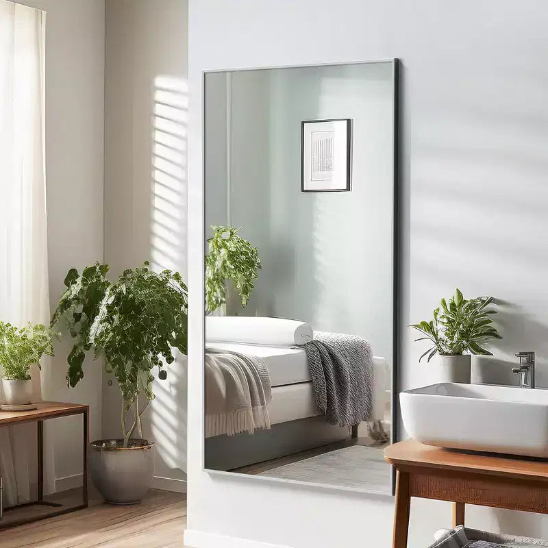 Miroir rectangulaire pleine longueur de 59*35, miroir pleine hauteur avec cadre en alliage d’aluminium argenté, miroir de coiffeuse pour la salle de bains, la chambre, l’entrée et le salon/dressing