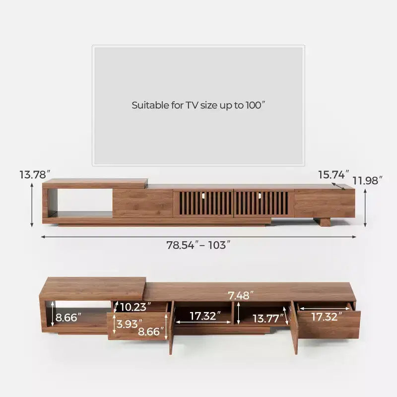 TV-Ständer im Mid-Century-Modern-Stil, 78.54in ausziehbar, mit 2 Schubladen, 2 Schranktüren und offenem Stauraum, für maximal 120 Zoll/Walnussfarbe&amp;Modern.