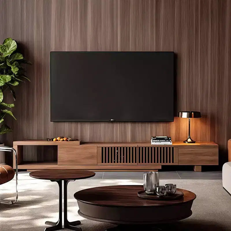 TV-Ständer im Mid-Century-Modern-Stil, 78.54in ausziehbar, mit 2 Schubladen, 2 Schranktüren und offenem Stauraum, für maximal 120 Zoll/Walnussfarbe&amp;Modern.