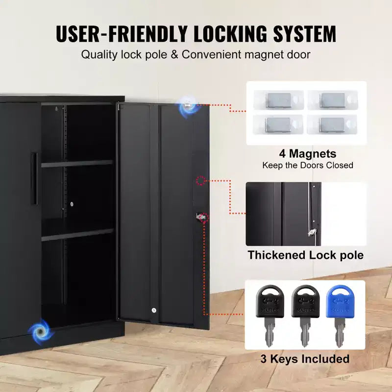 Metallschrank mit 2 Magnettüren und 2 verstellbaren Einlegeböden, Tragkraft von 200 lbs pro Boden, abschließbarer Stahlschrank