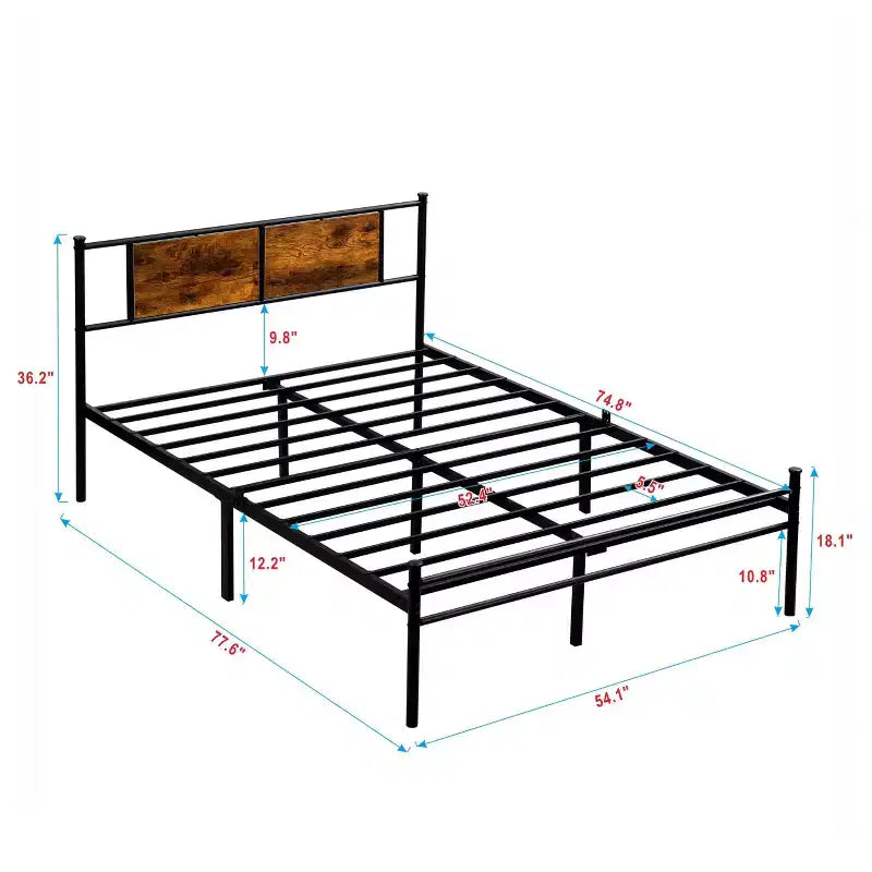 Cadre de lit Full Size avec tête de lit, cadre de lit plateforme en métal avec décoration en panneaux de bois pour la chambre, noir+marron