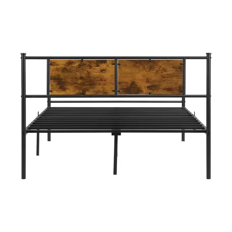 Cadre de lit Full Size avec tête de lit, cadre de lit plateforme en métal avec décoration en panneaux de bois pour la chambre, noir+marron