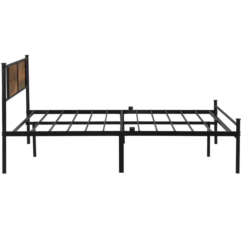 Bettgestell in voller Größe mit Kopfteil, Metall-Bettgestell mit Holzpaneel-Dekor für das Schlafzimmer, Schwarz+Braun