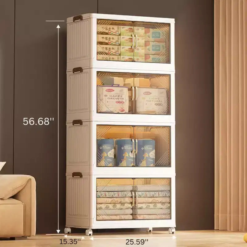 Faltbare Aufbewahrungsbox mit transparenter Tür, 25.6 In.W, 383 QT, 4 Ebenen, großes Fassungsvermögen, leichter Zugriff, platzsparendes, faltbares Design