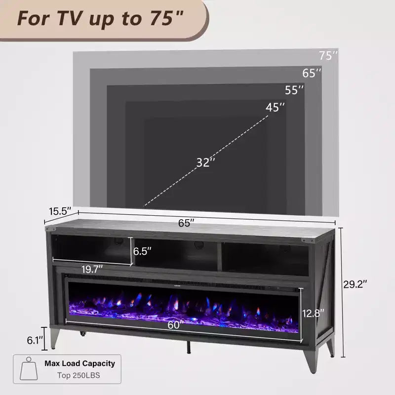 TV-Schrank für 65-Zoll-Fernseher mit 60-Zoll-Glas-Elektrokamin
