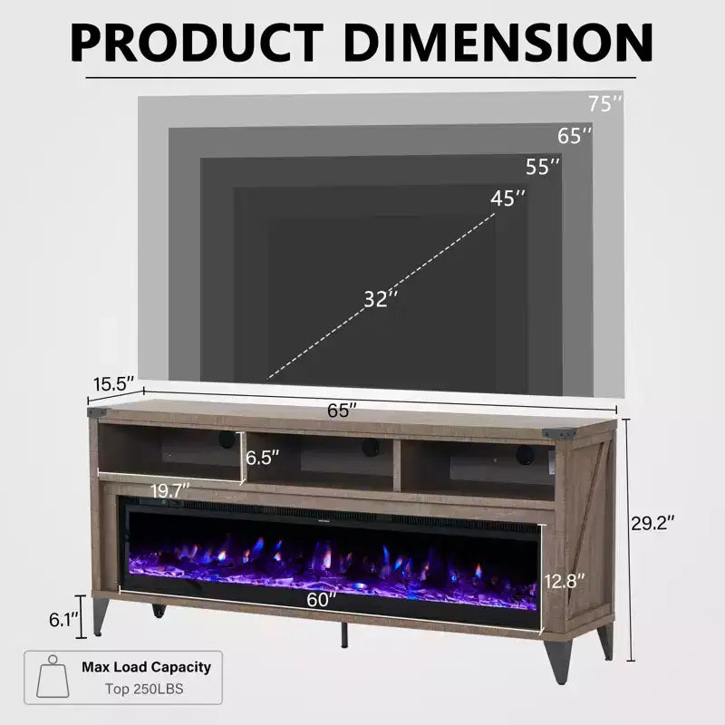 TV-Schrank für 65-Zoll-Fernseher mit 60-Zoll-Glas-Elektrokamin