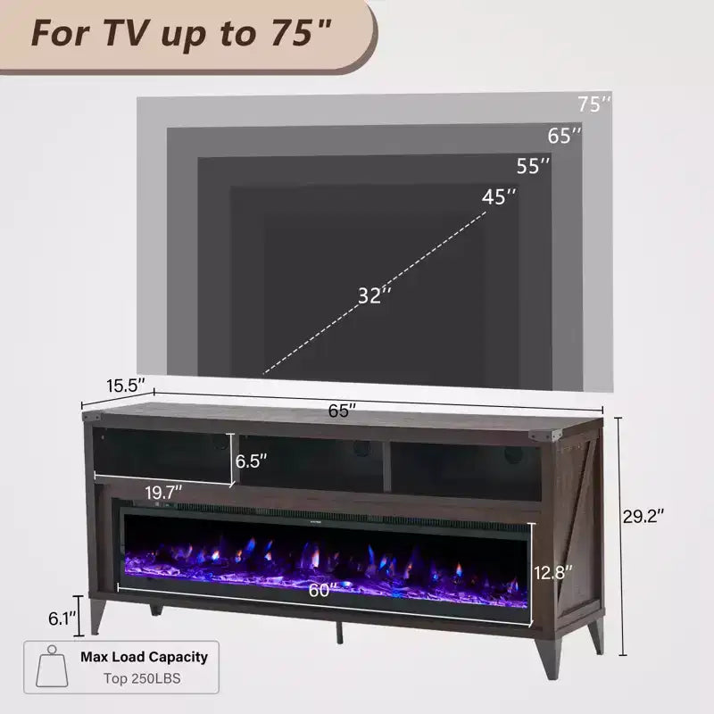 TV-Schrank für 65-Zoll-Fernseher mit 60-Zoll-Glas-Elektrokamin