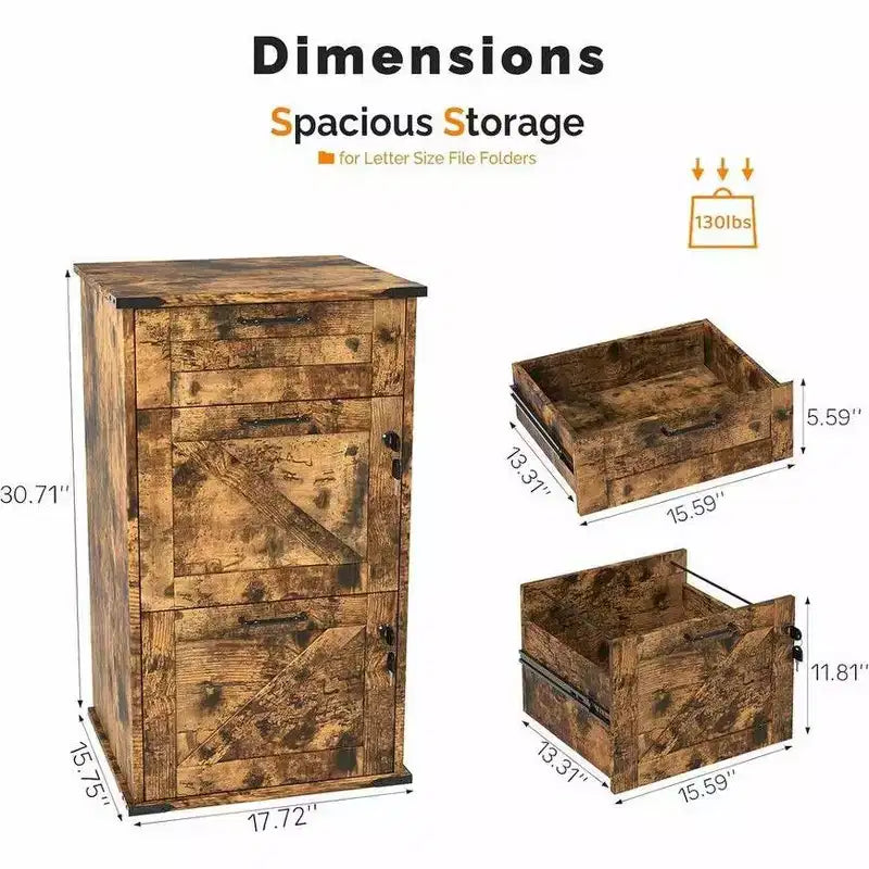 Classeur vertical à 3 tiroirs en panneaux de particules marron, largeur de 17.72in. W