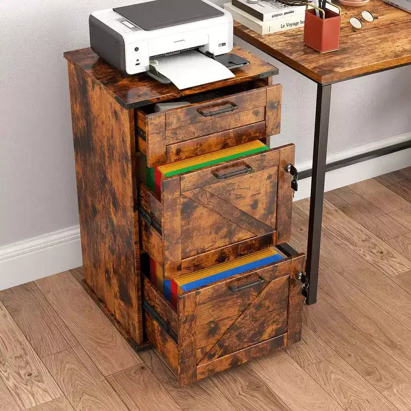 Classeur vertical à 3 tiroirs en panneaux de particules marron, largeur de 17.72in. W