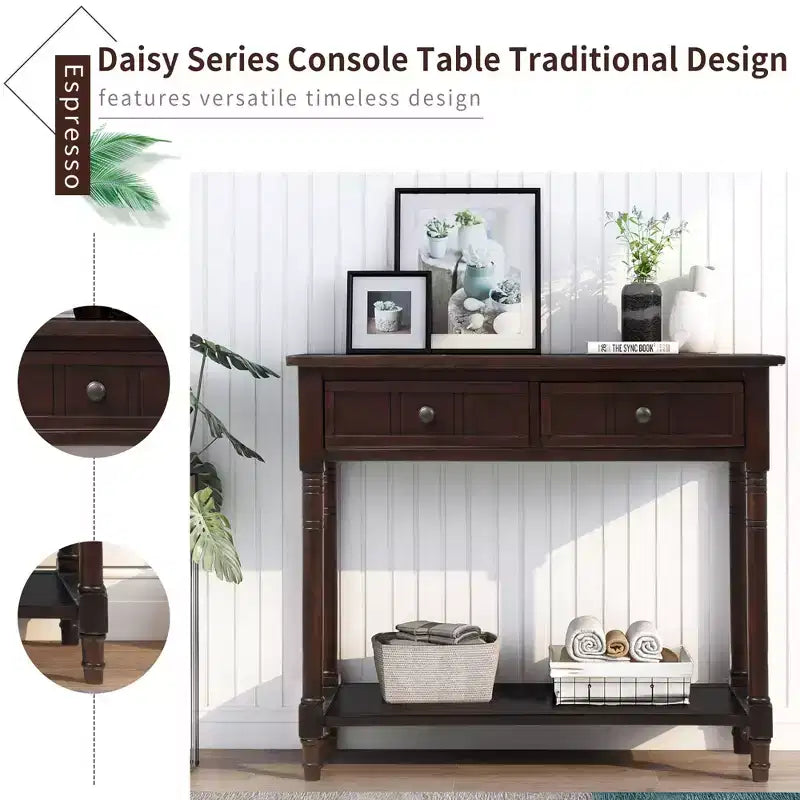 Console de style traditionnel avec deux tiroirs et étagère inférieure (espresso)