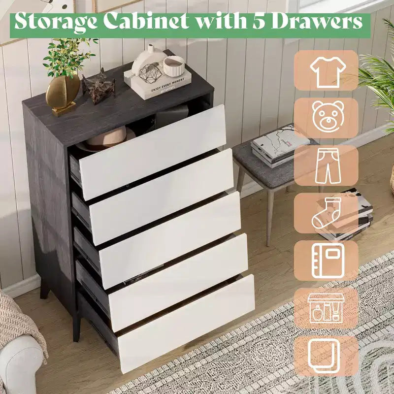 Cómoda de mediados de siglo con 5 cajones, armario alto de madera con 5 cajones para organizar y guardar ropa