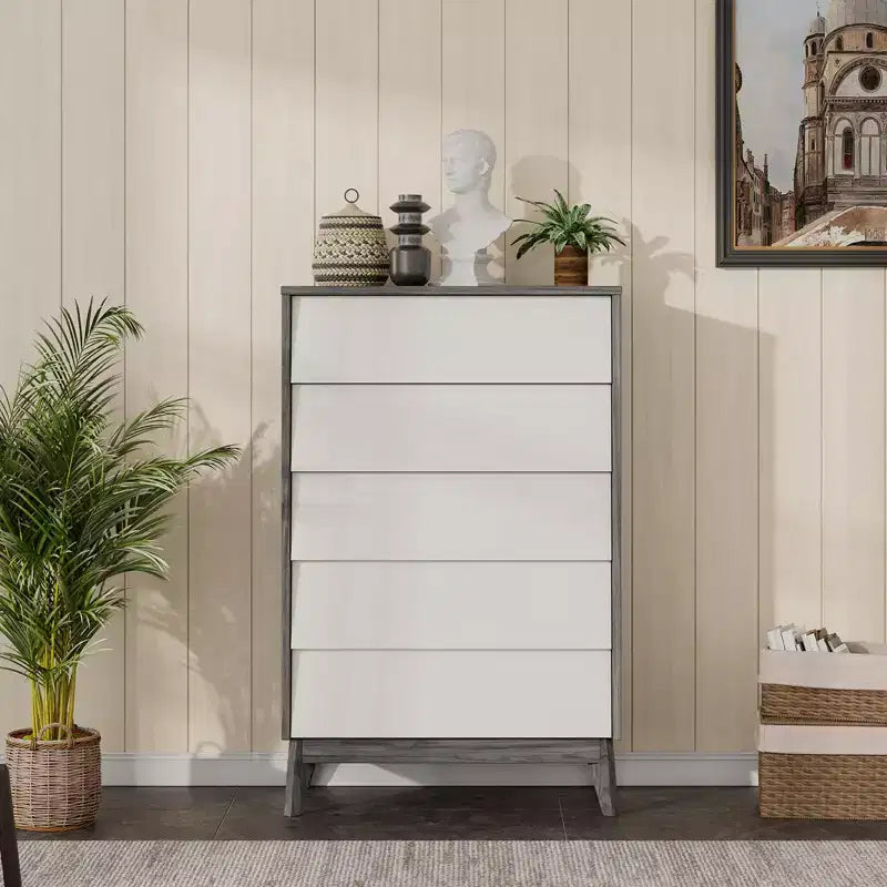 Kommode im Mid-Century-Stil mit 5 Schubladen, hohe Holzkommode mit 5 Schubladen zur Aufbewahrung
