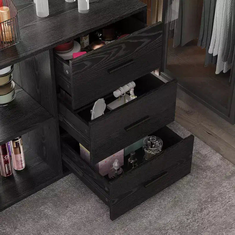 Tocador moderno esquinero en forma de L, escritorio de maquillaje con superficie de vidrio templado negro, 5 cajones y estantes abiertos, para el dormitorio