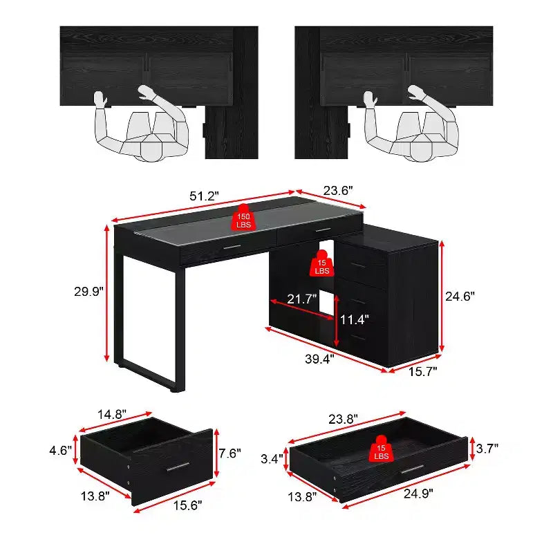 Tocador moderno esquinero en forma de L, escritorio de maquillaje con superficie de vidrio templado negro, 5 cajones y estantes abiertos, para el dormitorio
