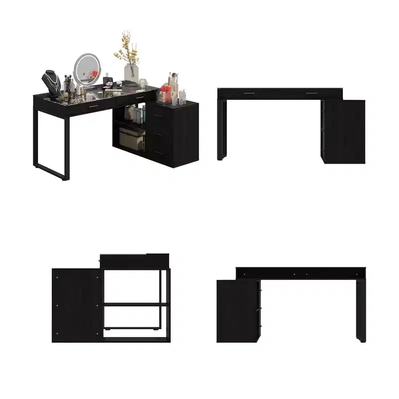 Tocador moderno esquinero en forma de L, escritorio de maquillaje con superficie de vidrio templado negro, 5 cajones y estantes abiertos, para el dormitorio