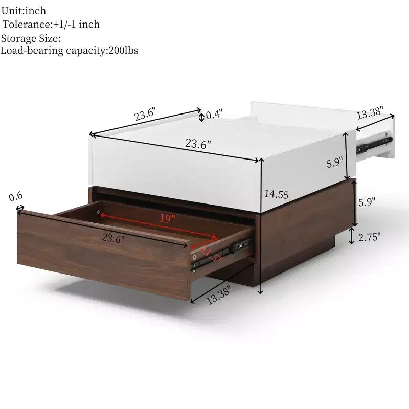 Quadratischer Couchtisch aus Holz, 24, mit 2 Schubladen und drehbarer Tischplatte