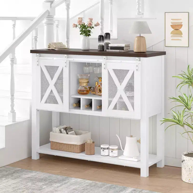 Aparador estilo granja con almacenamiento, mesa para café con puerta corrediza de metal y malla estilo granero, aparador de almacenamiento para cocina con estante inferior