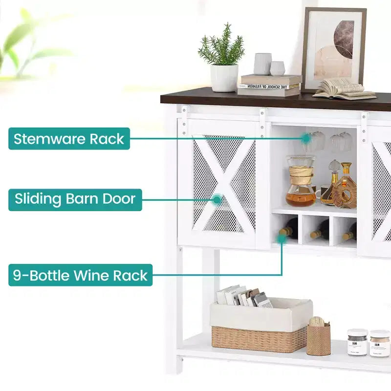 Aparador estilo granja con almacenamiento, mesa para café con puerta corrediza de metal y malla estilo granero, aparador de almacenamiento para cocina con estante inferior