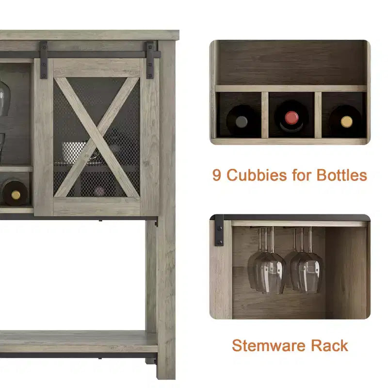 Aparador estilo granja con almacenamiento, mesa para café con puerta corrediza de metal y malla estilo granero, aparador de almacenamiento para cocina con estante inferior