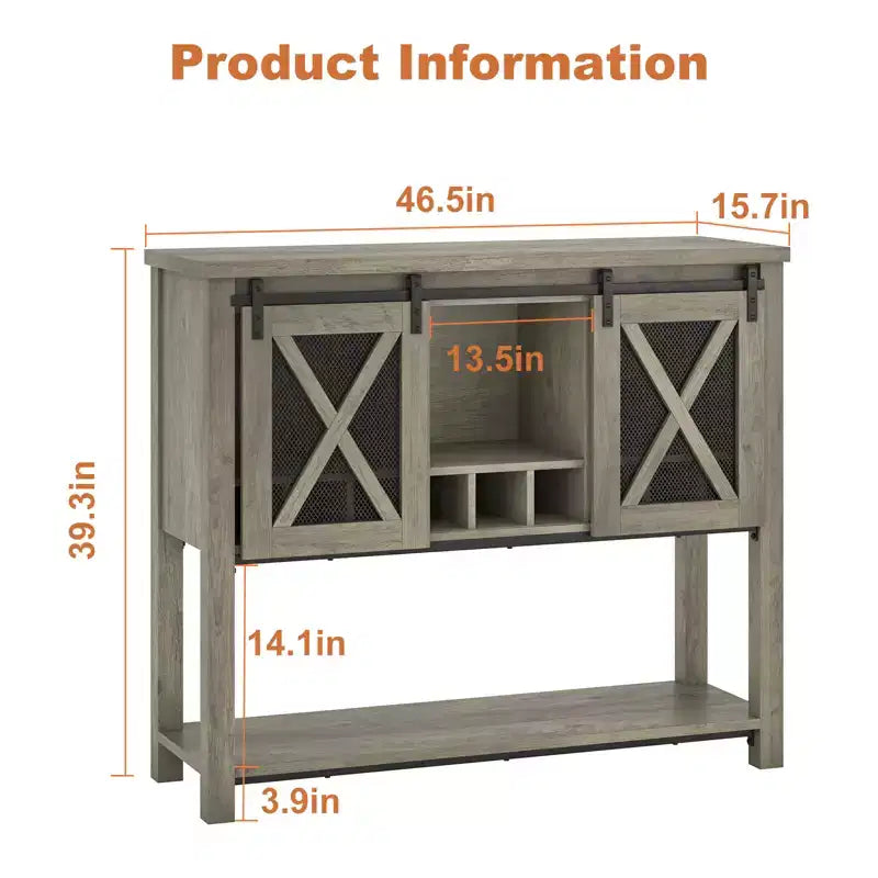 Aparador estilo granja con almacenamiento, mesa para café con puerta corrediza de metal y malla estilo granero, aparador de almacenamiento para cocina con estante inferior