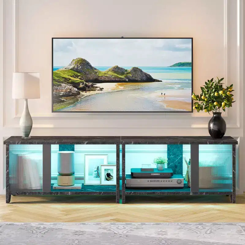 Meuble TV LED de 55 pouces pour téléviseurs jusqu’à 65'', meuble TV extensible côte à côte ou empilable avec rangement