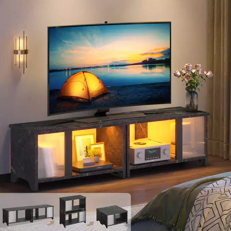 Meuble TV LED de 55 pouces pour téléviseurs jusqu’à 65'', meuble TV extensible côte à côte ou empilable avec rangement