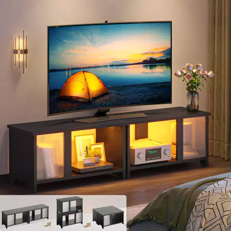 Meuble TV LED de 55 pouces pour téléviseurs jusqu’à 65'', meuble TV extensible côte à côte ou empilable avec rangement